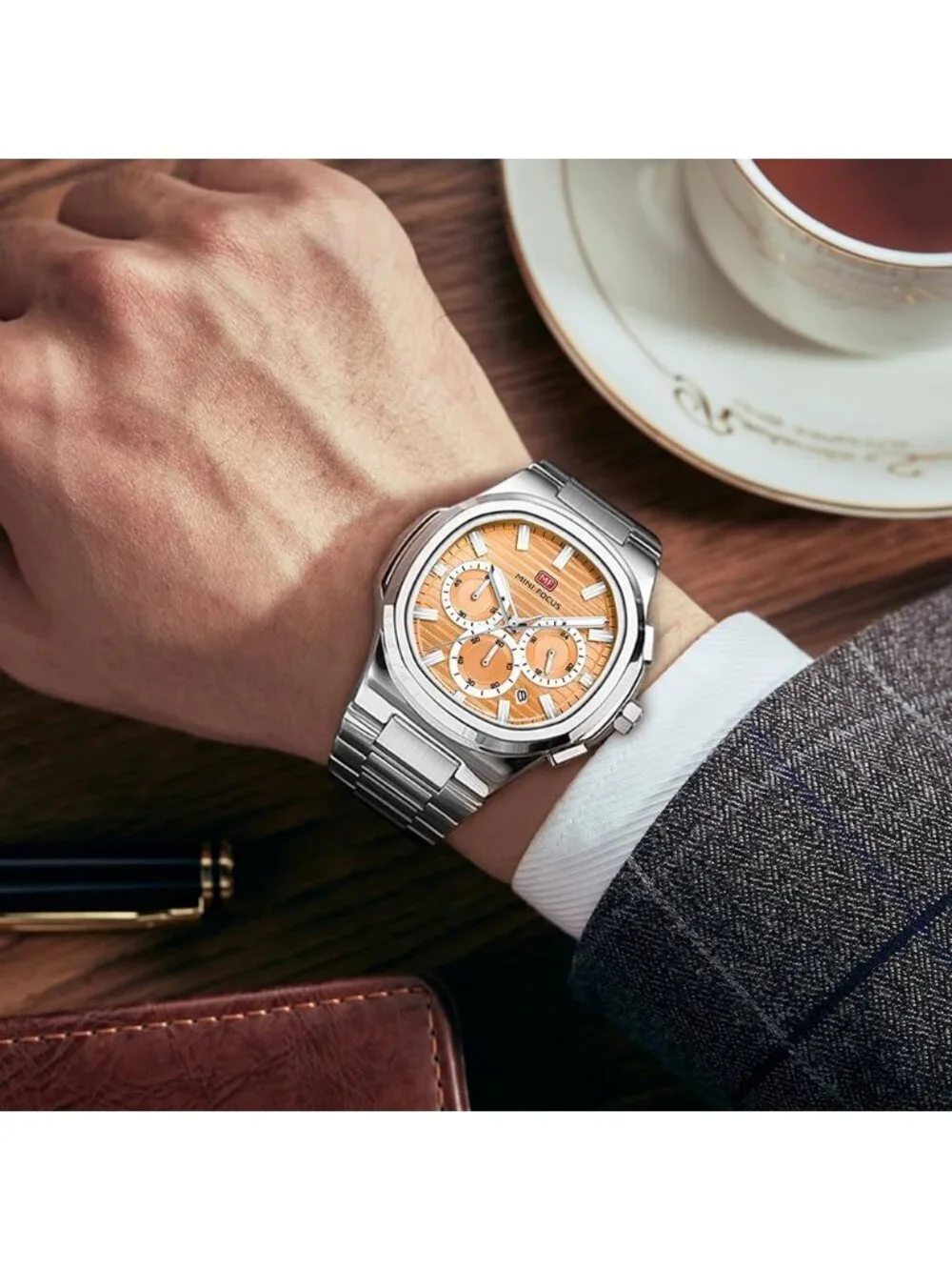 Men's Light Orange Stainless Steel Band Chronograph Waterproof Luminous Watch